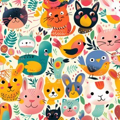 Naklejka premium A lively seamless pattern featuring adorable cats, rabbits, birds, and other woodland animals in a whimsical, hand-drawn style.