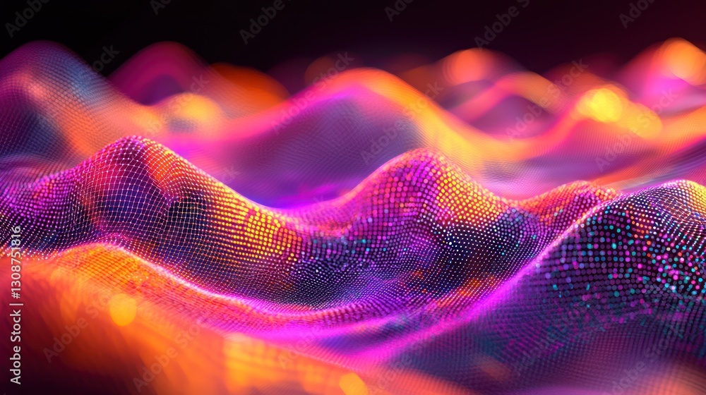 Poster abstract three dimensional landscape created with colorful glowing dots
