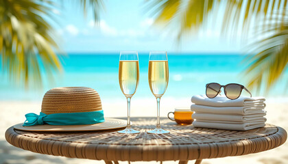 Obraz premium Two glass Beer Drinks with beach hat and sunglass on beachside, Relaxation summer Summer holiday vacation concept 
