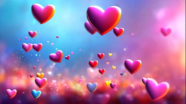 video 3d ballons Shiny hearts on dreamy backdrop of pink, purple, and orange hues. Background for Valentine's Day, Women's day, Birthday or romantic celebrations. Date, wedding, love, romance,