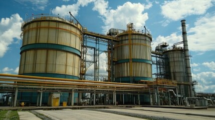 Obraz premium Large industrial plant structures with pipes and tanks under a sky