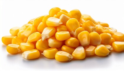 Fototapeta premium Ultra-close view of fresh corn kernels, glistening with a golden-yellow glow, showcasing their plump and juicy texture, isolated for maximum detail and vivid color. 