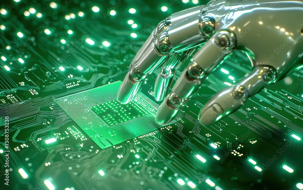 Poster automated robotic arm assembling a green circuit board, symbolizing advanced electronics manufacturi