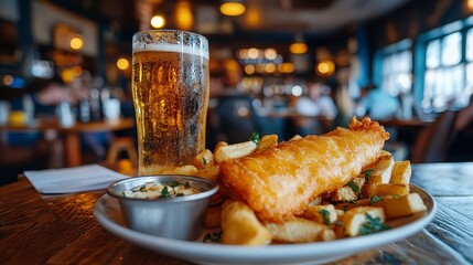 Indulge in the quintessential British experience a plate of golden, crispy fish and chips paired with a refreshing pint of beer at a cozy pub This traditional meal, a staple of UK cuisine, offers a