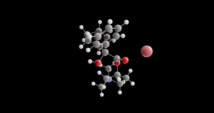 Glycopyrronium bromide molecule, rotating 3D model of antimuscarinics, looped video on a black background