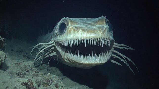 A frightening deep sea fish with many sharp teeth is shown