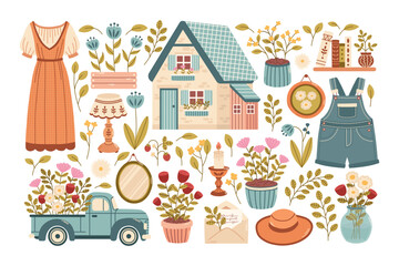 Delicate gentle cottagecore collection with summer house elements, clothing, vintage interior elements, decor, flower pots, beds, botanical elements. Vector illustration.  

