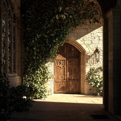 Fototapeta premium Sunlit stone archway with ivy, wooden door.