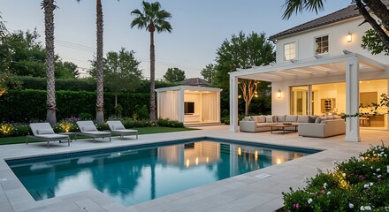 Fototapeta premium Evening Tranquility: Backyard Pool and Patio Oasis AI Generated