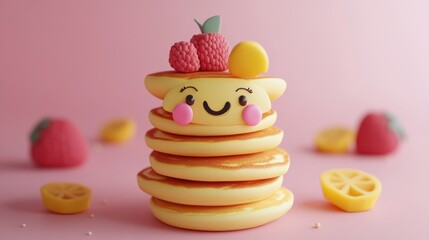 Happy pancake stack with fruit, pink background; breakfast food (1)