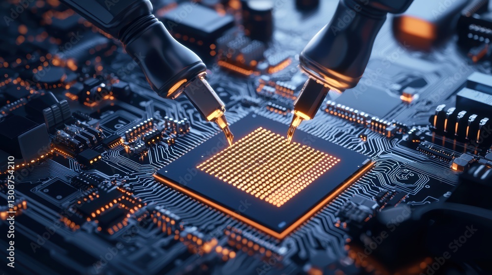 Poster industrial automation in action, robotic soldering machine assembling a circuit board, highlighting 