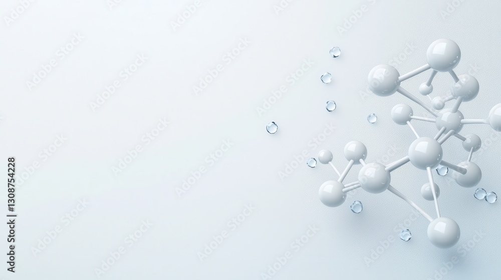 Poster abstract molecular structure with spheres and connections on a light background, symbolizing innovat
