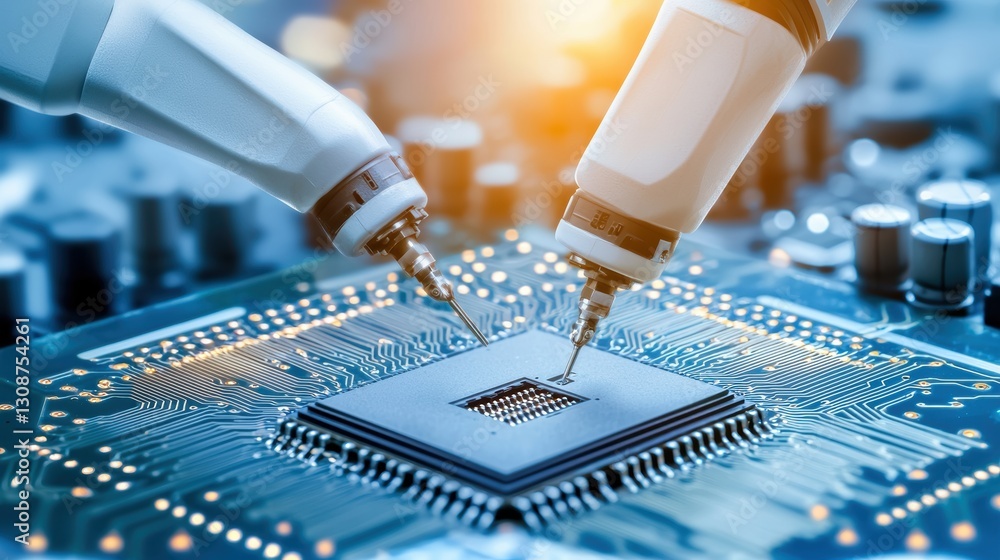 Poster industrial automation in action, robotic soldering machine assembling a circuit board, highlighting 