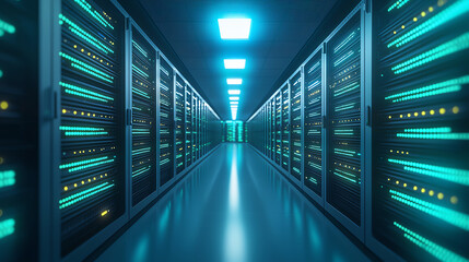 Futuristic data center with rows of sleek servers, illuminated by blue lights, creating high tech atmosphere. perspective emphasizes depth and modern technology