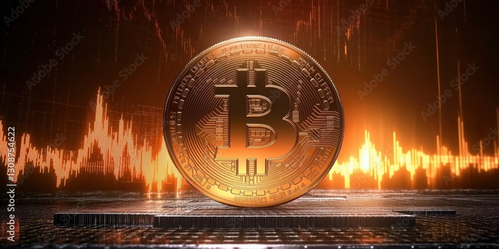 Poster bitcoin logo displayed on technical analysis chart with digital graphs in the background