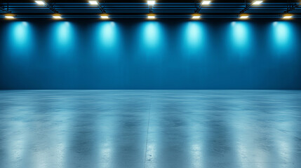 spacious, empty studio with dark blue wall and grey concrete floor, illuminated by soft overhead lights, creating calm and modern atmosphere