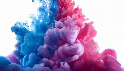 Obraz premium Smoke and ink diffusion in water, with vibrant pinks and blues blending in an abstract, fluid motion. The colors swirl together, creating a mesmerizing and dynamic visual effect. 