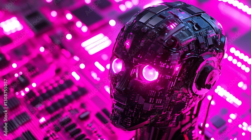 Poster robotic head with glowing eyes and pink circuit board background