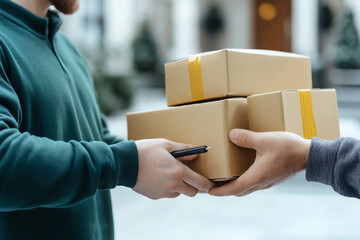 young man handing over stack of brown cardboard boxes with yellow tape, showcasing delivery or exchange process. scene conveys sense of responsibility and service