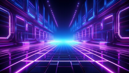 Fototapeta premium A sci-fi inspired neon grid with deep purples and glowing blue highlights, evoking a futuristic cyberpunk aesthetic. The grid pattern pulses with energy, creating a vibrant and dynamic atmosphere. 