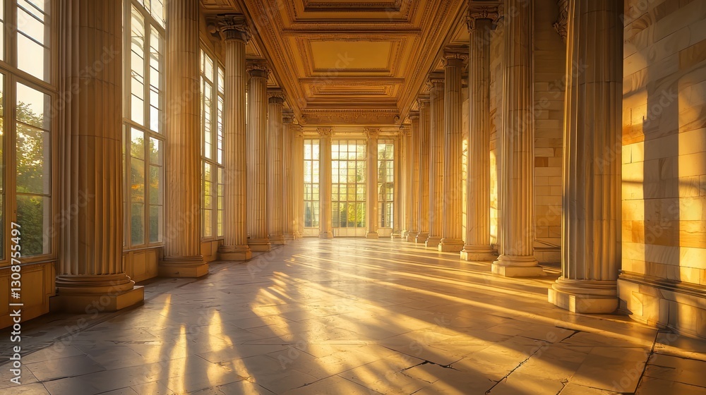 Poster sunlit classical colonnade interior.
