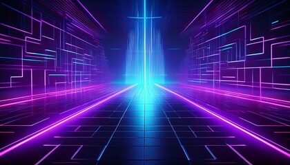 A sci-fi inspired neon grid with deep purples and glowing blue highlights, evoking a futuristic cyberpunk aesthetic. The grid pattern pulses with energy, creating a vibrant and dynamic atmosphere.
