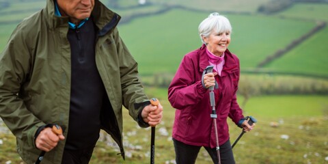 Elderly couple hiking in nature, enjoying outdoor exercise. Senior man and woman, hiking poles in...