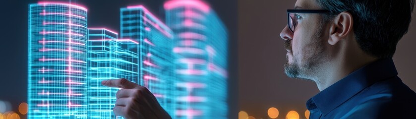 Fototapeta premium Man viewing futuristic city hologram.