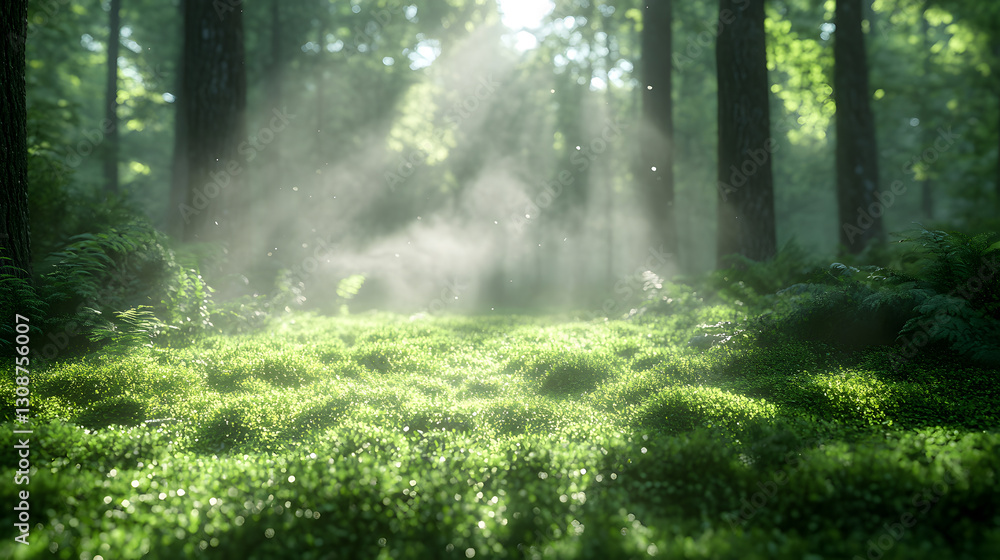 Poster sunlit forest floor: sunlight streams through the towering trees, illuminating a vibrant forest floo