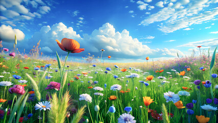Beautiful, peaceful landscape with colorful, vibrant wildflowers photography background generated by AI. © Junayed