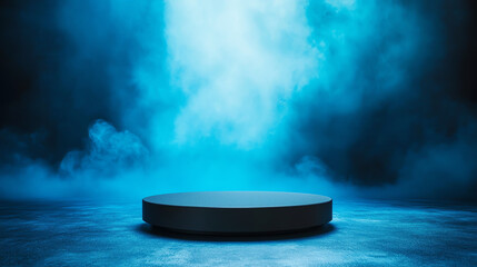dramatic empty room features black podium surrounded by blue fog, creating mysterious atmosphere. scene evokes anticipation and intrigue