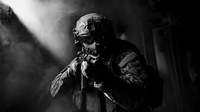 A man in a military uniform is holding a gun and looking at the camera. smooth repeating motion for background video animation