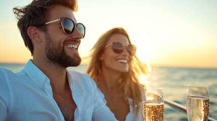 Luxurious couple enjoying champagne on yacht during sunset, smiling and relaxed. warm glow of sun enhances joyful atmosphere of their experience