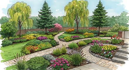 Obraz premium Vibrant Spring Garden Design: Hand-Drawn Landscape Illustration AI Generated