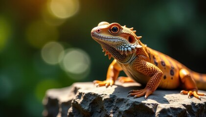 Fototapeta premium Bearded dragon basking on a rock, sunning itself, environment, reptilian, yellow