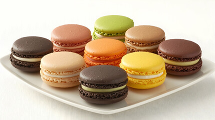Fototapeta premium Colorful macarons arranged on a white square plate against a plain backdrop, ideal for food blogs or menus