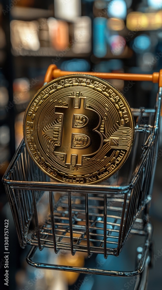 Poster shopping cart containing bitcoin coin representing integration of cryptocurrency in e-commerce busin