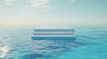 A concrete platform with steps rests within a vast ocean