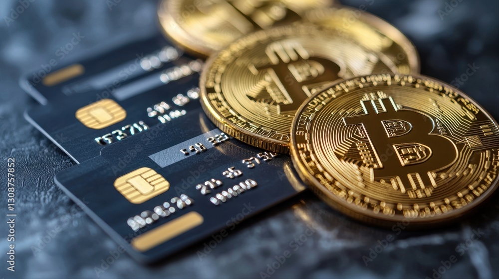 Poster bitcoin coin paired with a bitcoin credit card highlighting the integration of cryptocurrency into m