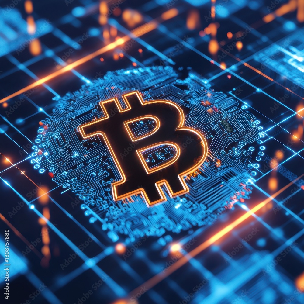 Poster bitcoin illuminated on a circuit board background highlighting the technological foundation of crypt