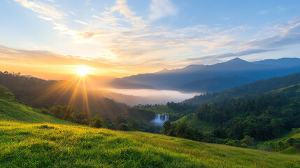 breathtaking sunset over lush green landscape with waterfall, mountains, and mist. vibrant orange sky reflects beauty of nature, creating serene atmosphere