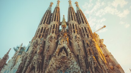 Low-angle view of a grand, ornate cathedral facade against a clear sky.