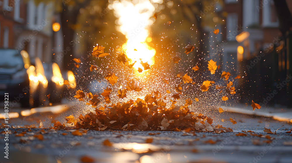 Poster autumn leaf explosion: a stunning capture of autumn leaves exploding into the air on a road. the sce
