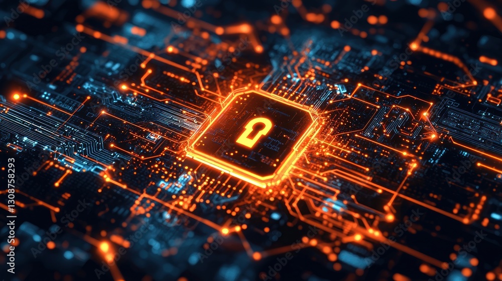 Aufkleber digital circuit board with a highlighted glowing security padlock