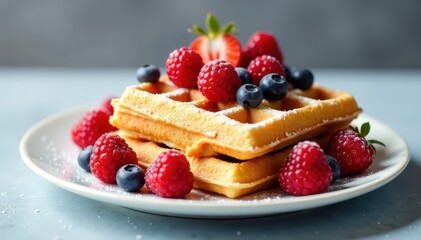 Fluffy waffles, vibrant berry medley, soft watercolor style, cute, food art