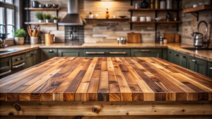 Rustic Wooden Kitchen Island Countertop, Ideal for Culinary Product Displays and Food Photography in a Warm, Inviting Setting