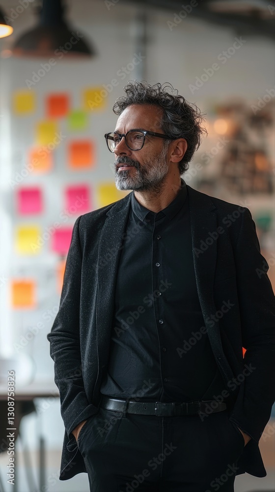 Poster well-dressed man in suit presenting comprehensive ido launch strategies with dedication and focused 