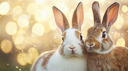 Two adorable rabbits cuddle together against a soft, blurred background of warm lights, creating a charming and playful atmosphere.