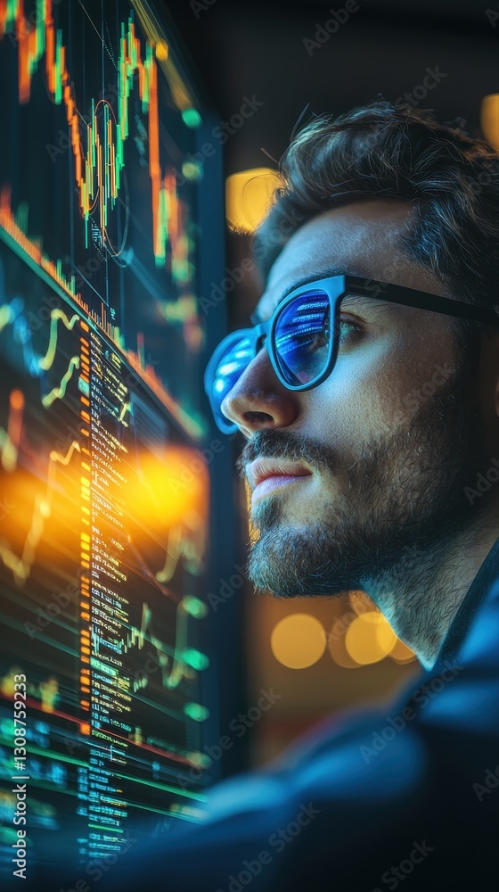 Aufkleber financial analyst observing crypto charts with sunglasses on and focused expression while analyzing 
