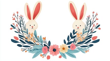Two cute rabbits surrounded by colorful flowers and greenery, creating a whimsical and cheerful floral arrangement.
